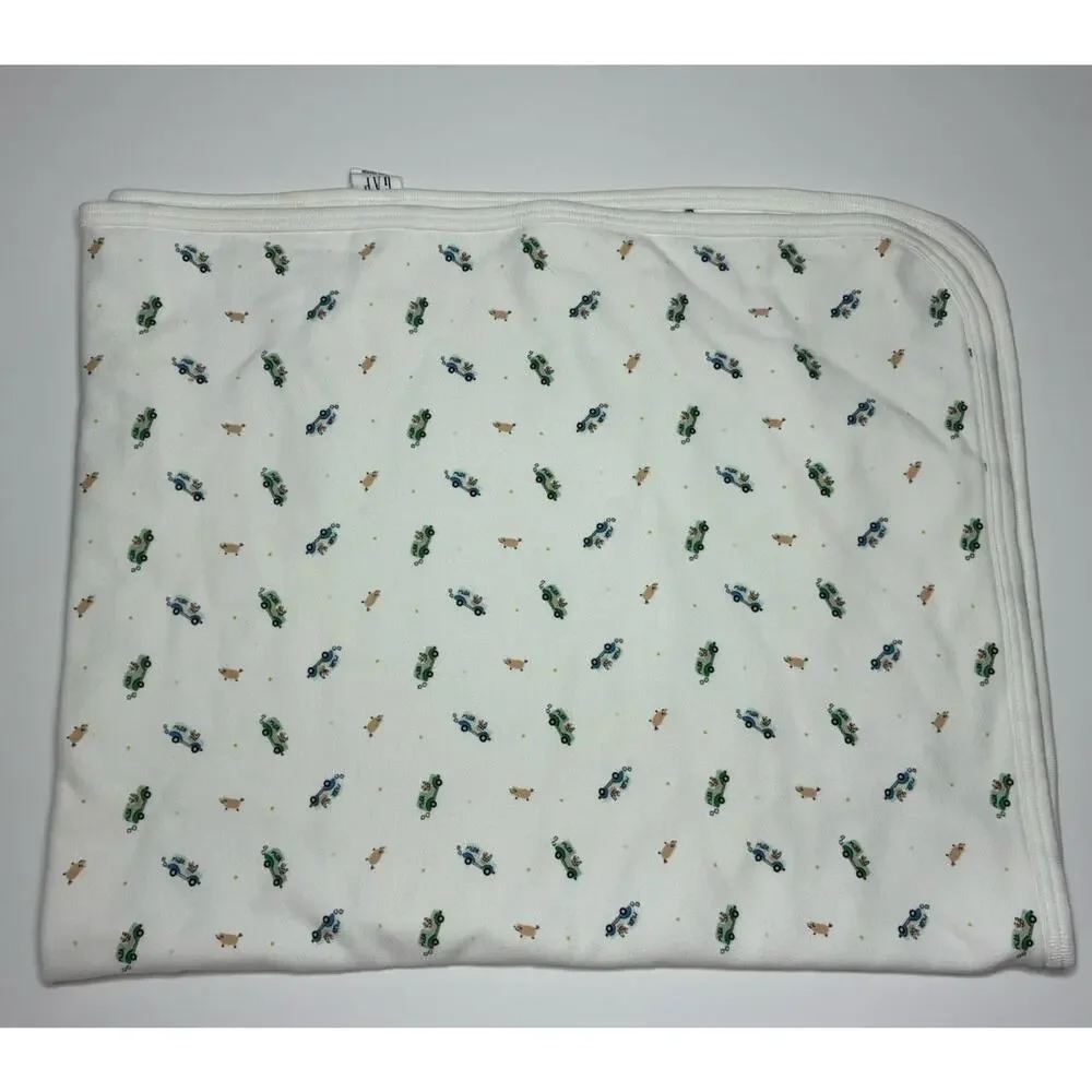 Vintage 1999 Baby GAP Baby Blanket White Green Blue Polka Dot Pig Trucks READ